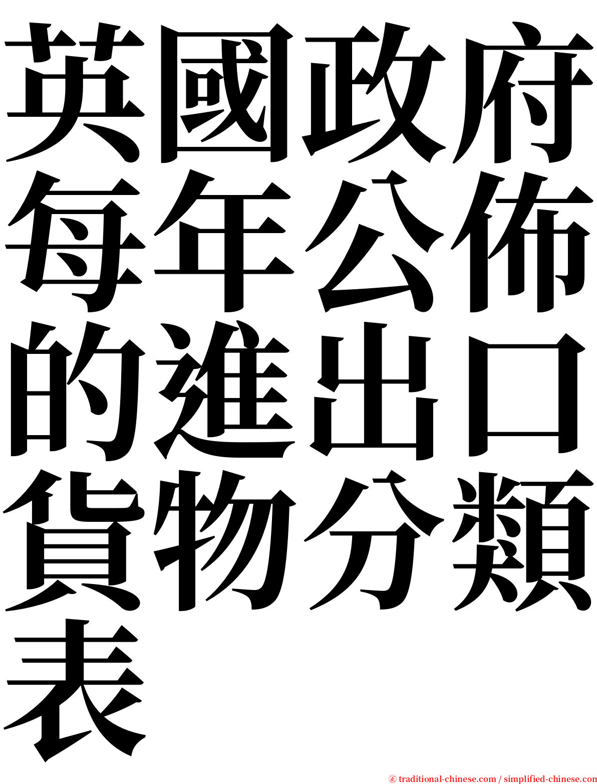 英國政府每年公佈的進出口貨物分類表 serif font